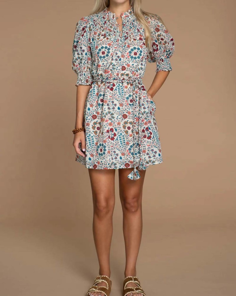 Front of a model wearing a size L Bea Dress in Vintage Vines in Vintage Vines by Olivia James the Label. | dia_product_style_image_id:344793